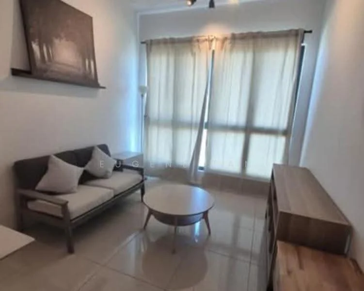 Living features: 3-seater fabric sofa in grey, coffee table, wooden sideboard, floor-to-ceiling windows, sheer curtains, white painted walls, tile flooring, recessed downlights; style: modern.