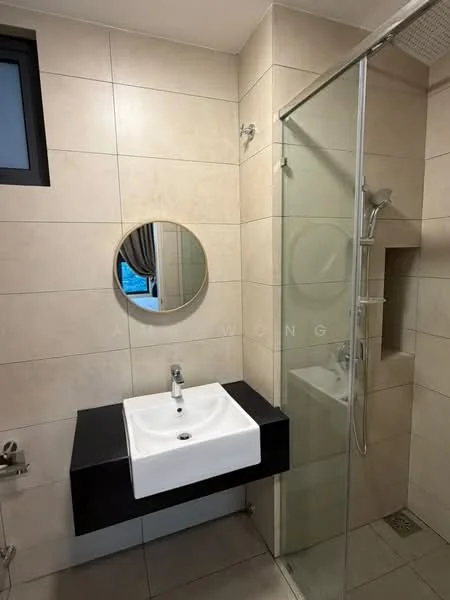Bathroom features: square white ceramic sink, chrome basin mixer faucet, black floating vanity, glass shower enclosure, rain shower head, handheld shower, wall-mounted mirror, light beige tiled walls, grey tiled flooring, window for natural light; style: modern.
