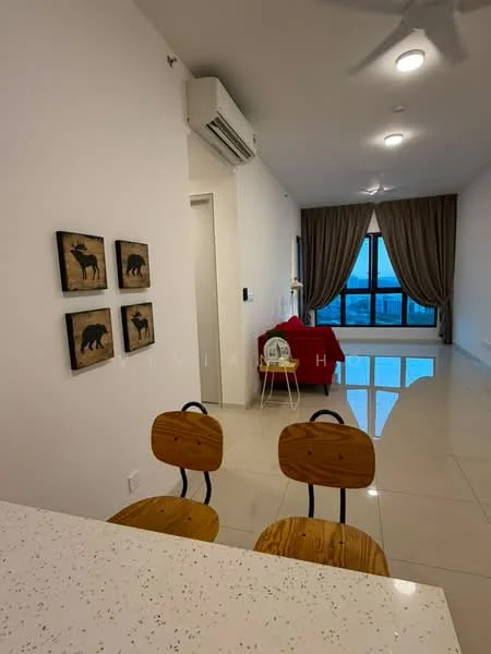 Living features: white painted walls, glossy tile flooring, floor-to-ceiling windows, curtains, 5-blade ceiling fan, sofa in red, coffee table, decorative artwork on walls, air conditioning unit; style: modern; view: city. Room features: breakfast bar with white speckled countertop, wooden bar stools.