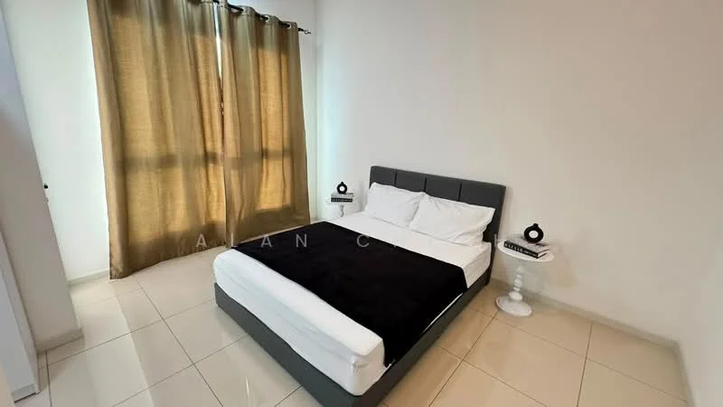 Bedroom features: queen-size bed with black bedding, upholstered headboard, two bedside tables, table lamps on bedside tables, floor-to-ceiling windows, sheer curtains, white painted walls, glossy tile flooring, neutral color palette; style: modern.