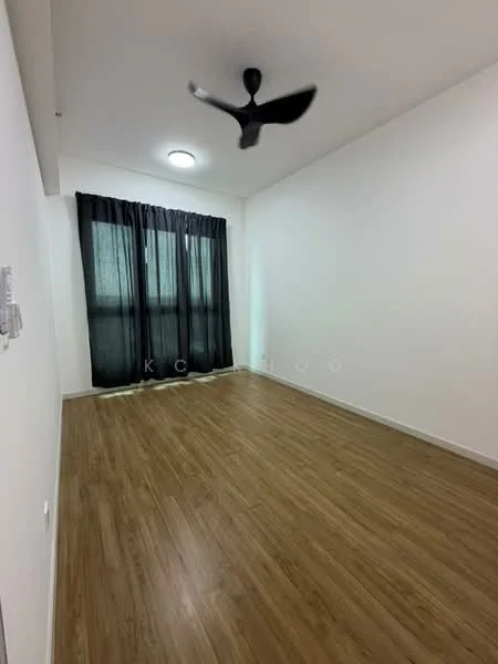 Room features: light wood laminate flooring, white painted walls, ceiling fan, black curtains, two floor-to-ceiling windows, recessed ceiling light; style: modern.