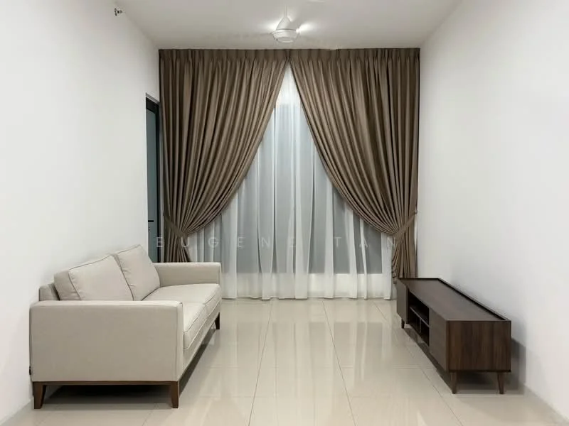 Living features: light beige fabric sofa, wooden TV console, white painted walls, glossy tile flooring, floor-to-ceiling windows, sheer curtains, dark brown curtains, ceiling fan with light; style: modern.