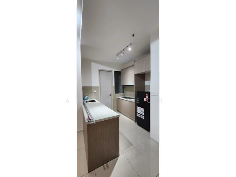 Kitchen features: white cabinetry, light wood cabinetry, white countertop, stainless-steel sink, chrome pull-down faucet, built-in oven, stainless-steel fridge, ceramic tile flooring, recessed LED downlights, wall-mounted cabinets, open shelving, kitchen island; style: modern.