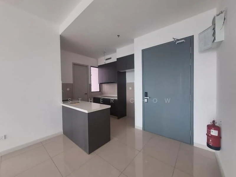 Kitchen features: white walls, grey cabinetry, kitchen island, stainless-steel sink, built-in oven, ceramic tile flooring, recessed downlights, window with natural light, fire extinguisher mounted on wall; style: modern. Room features: white walls, ceramic tile flooring, door leading to hallway, door leading to bathroom.