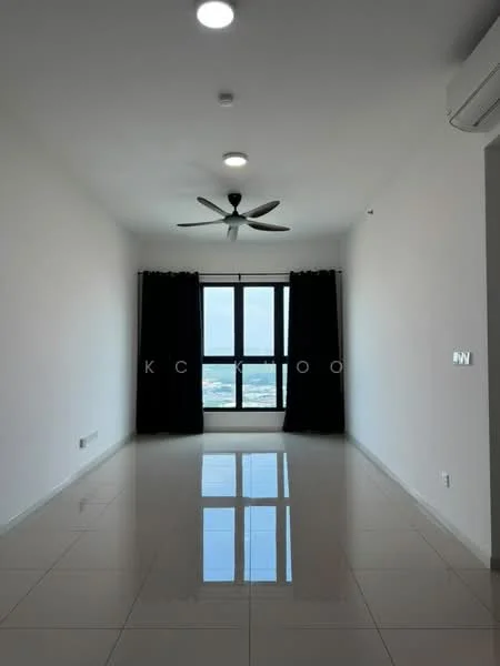 Living features: white painted walls, glossy ceramic tile flooring, 5-blade ceiling fan, floor-to-ceiling windows, blackout curtains, air conditioning unit, recessed downlights; style: modern; view: city.