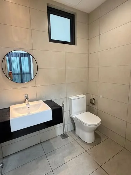Bathroom features: wall-mounted sink with chrome faucet, round mirror, white one-piece toilet, grey tiled walls, grey tiled flooring, small window, black vanity unit; style: modern.