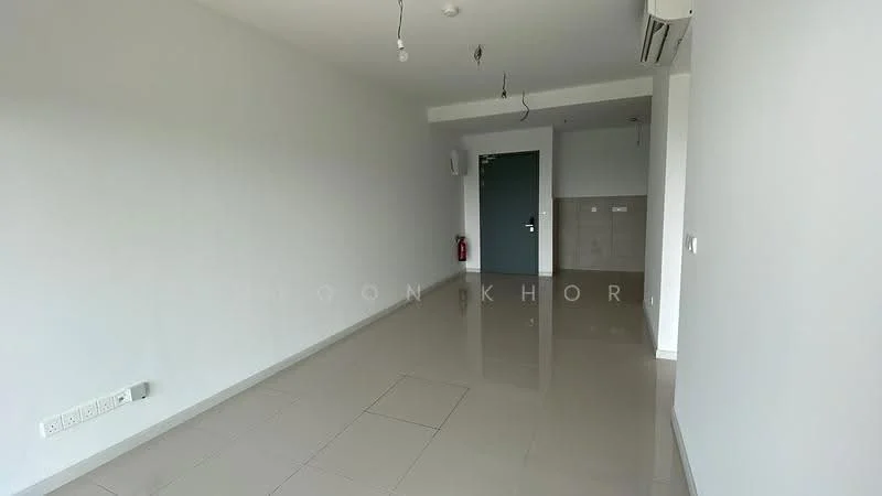 Room features: white painted walls, glossy ceramic tile flooring, ceiling with exposed wiring, air conditioning unit, fire extinguisher on wall, door with security lock, open space layout, natural light from windows; style: modern.