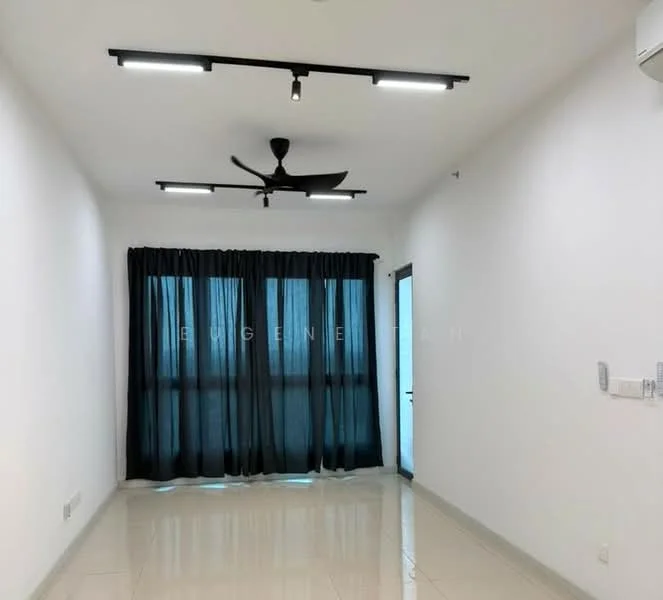 Room features: white painted walls, glossy tile flooring, 5-blade ceiling fan with light, recessed LED downlights, floor-to-ceiling windows, blackout curtains, door with glass panel, air conditioning unit; style: modern.