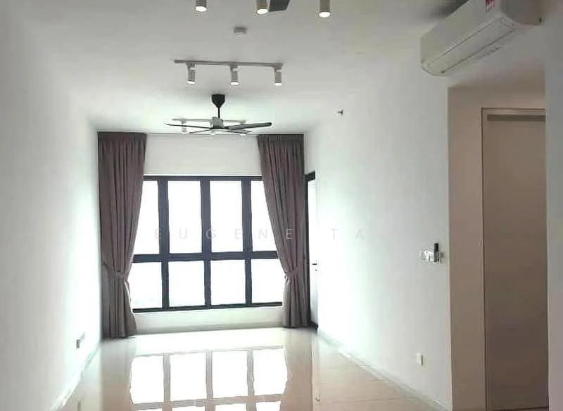 Living features: white painted walls, polished tile flooring, 5-blade ceiling fan with light, recessed downlights, floor-to-ceiling windows, sheer curtains, wall-mounted split AC, door leading to balcony; style: modern; view: city.