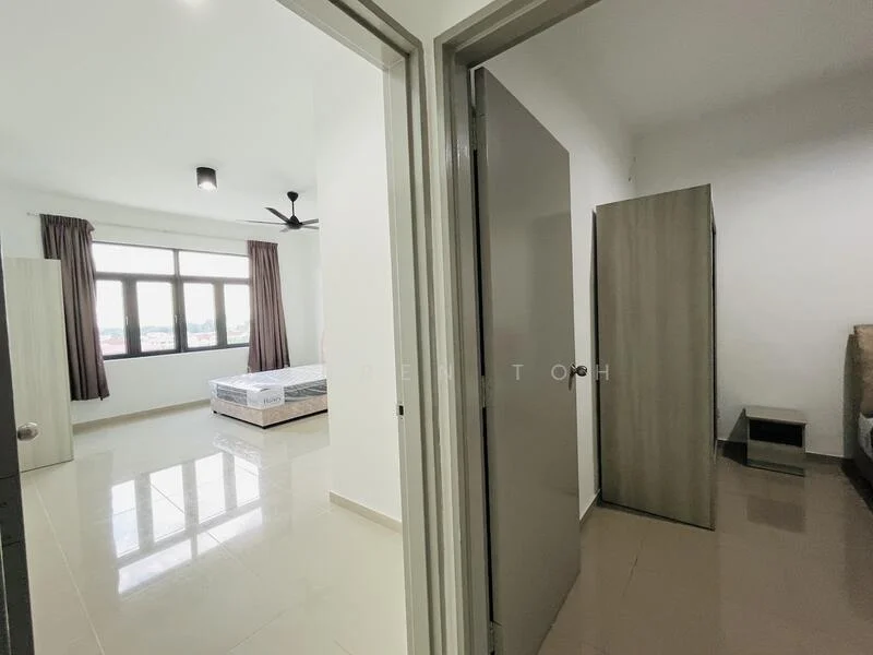 Room features: white painted walls, glossy tile flooring, ceiling fan, large windows, brown wooden wardrobe, bedside table, unmade bed, curtains, neutral color scheme; style: modern; view: city.