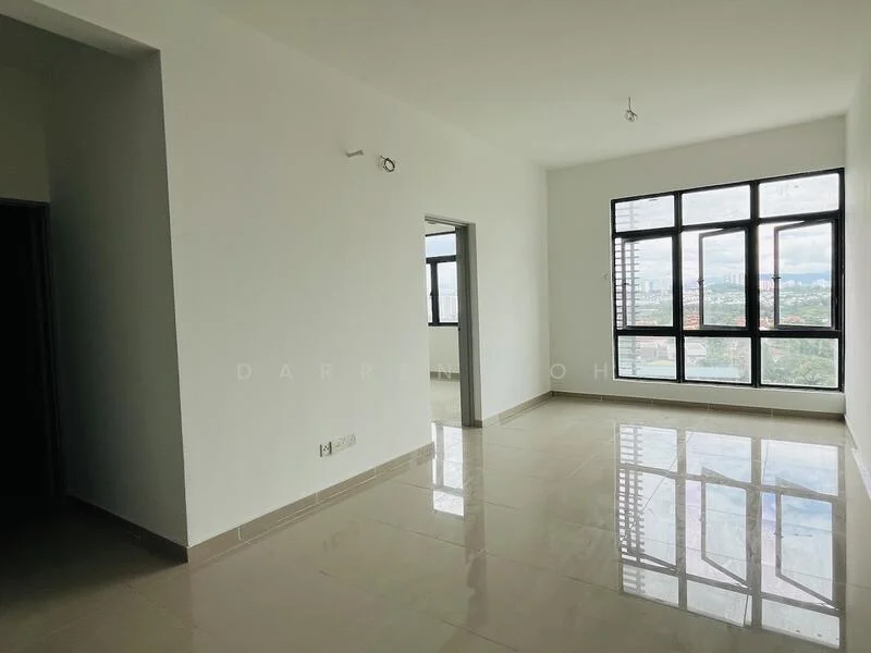 Living features: large floor-to-ceiling windows, white painted walls, polished ceramic tile flooring, recessed downlights, neutral color scheme, city view, open layout, no visible furniture; style: modern; view: city. Room features: white painted walls, polished ceramic tile flooring, doorway leading to another room.