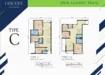 Floor plan: 3-bedroom 2-bathroom unit; features: open-plan kitchen-dining-living, master bedroom with ensuite bathroom, balcony off living room, utility room, laundry area, central foyer, 2 car porch, 1,250 sqft built-up.