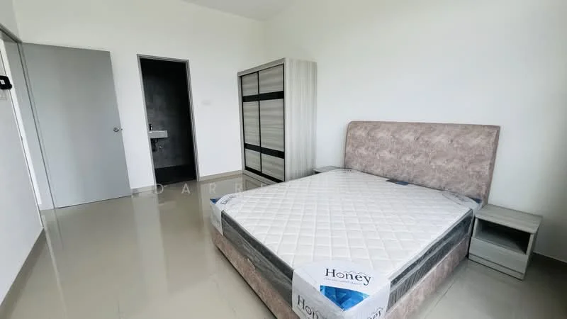 Bedroom features: queen-size bed with upholstered headboard, mattress with protective cover, two bedside tables, built-in wardrobe with sliding doors, grey painted walls, glossy tile flooring, single door, window with natural light; style: modern.