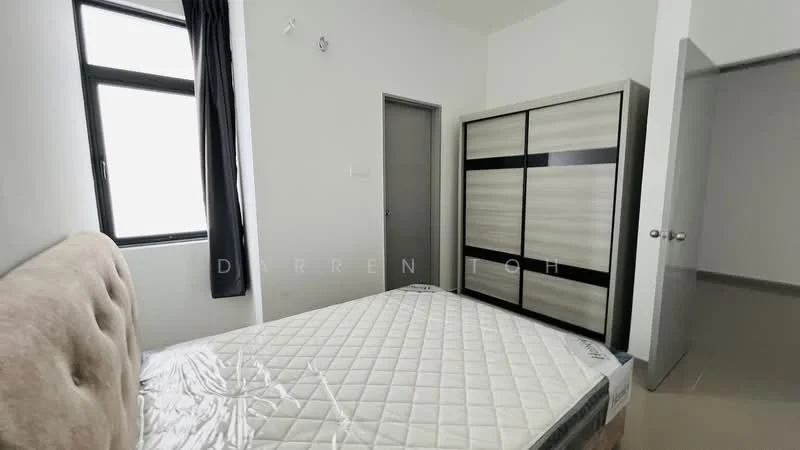 Bedroom features: queen-size bed, upholstered headboard, built-in wardrobe with sliding doors, floor-to-ceiling window, grey curtains, light-colored walls, tile flooring, neutral decor; style: modern.