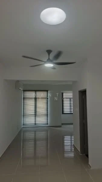 Room features: white painted walls, glossy tile flooring, 5-blade ceiling fan with light, recessed ceiling light, floor-to-ceiling windows with blinds, air conditioning unit, doorway leading to another room; style: modern.