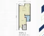Floor plan: 1-bedroom 1-bathroom unit; features: open-plan kitchen-living area, master bedroom with window, bathroom adjacent to bedroom, utility area, balcony off living room, central foyer, 1 car porch, dimensions marked on plan.