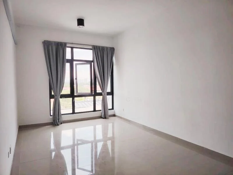 Room features: white painted walls, polished ceramic tile flooring, floor-to-ceiling windows, grey sheer curtains, ceiling light fixture; style: modern; view: garden.