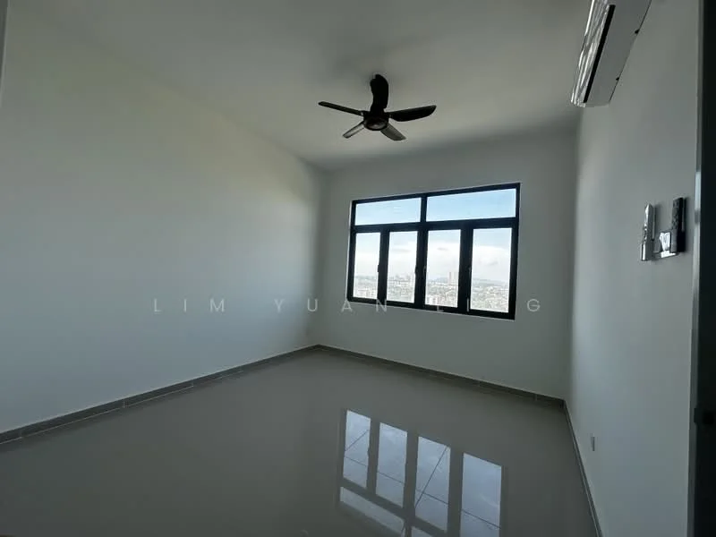 Room features: white painted walls, glossy ceramic tile flooring, 5-blade ceiling fan, floor-to-ceiling windows, city view, wall-mounted split AC, no visible furniture or decor; style: modern; view: city.