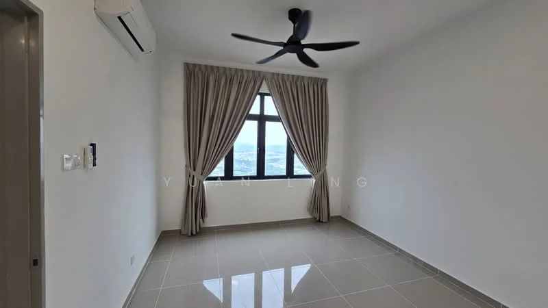 Room features: white painted walls, grey tiled flooring, 5-blade ceiling fan, floor-to-ceiling window, sheer curtains, air conditioning unit, neutral decor; style: modern; view: city.