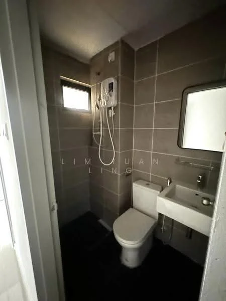 Bathroom features: grey tile walls, black tile flooring, one-piece toilet, single-sink vanity with wall-mounted faucet, framed mirror, shower with handheld shower head, water heater unit, small window for ventilation; style: modern.