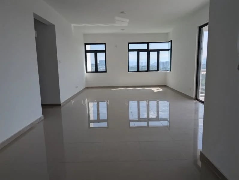 Living features: white painted walls, polished ceramic tile flooring, floor-to-ceiling windows, city view, recessed downlights, single pendant light, open layout, corner windows; style: modern; view: city.