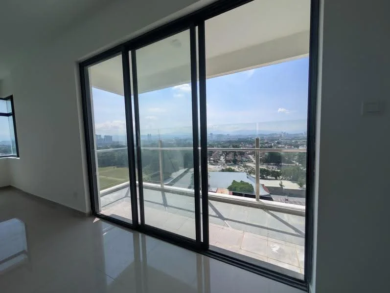 Room features: floor-to-ceiling windows, sliding glass door, white painted walls, marble tile flooring, balcony view, natural light, open space, city skyline view; style: modern; view: city.