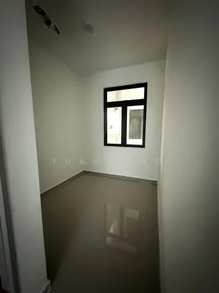Room features: white painted walls, glossy tile flooring, single window, natural light, no visible furniture, neutral color scheme, minimal decor, smooth ceiling; style: modern.