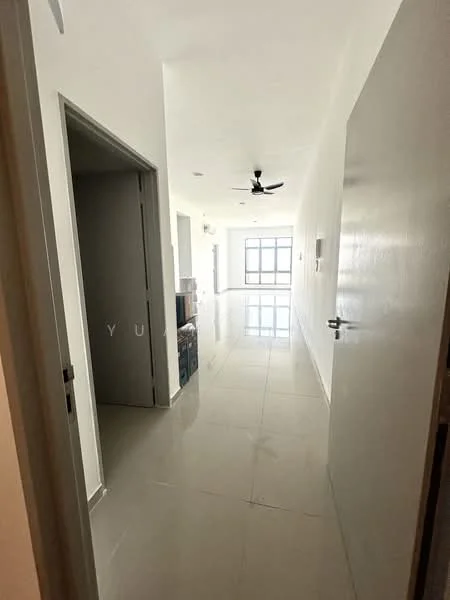 Hallway features: white painted walls, glossy tile flooring, ceiling fan, recessed downlights, door to adjacent room, door to bathroom, large window, natural light; style: modern.