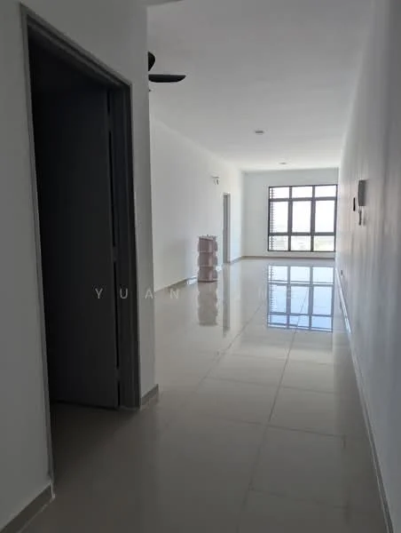Room features: white painted walls, glossy ceramic tile flooring, ceiling fan, large windows, natural light, neutral color scheme, doorway leading to another room, minimalist decor; style: modern; view: city.