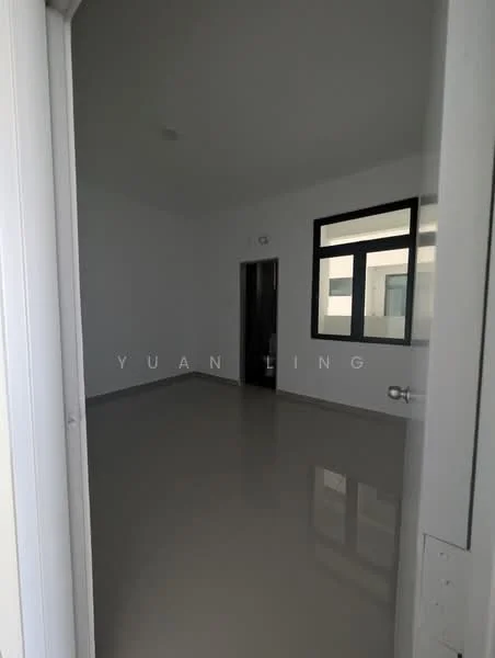 Room features: white painted walls, grey tiled flooring, large windows, doorway, ceiling light fixture, neutral color scheme; style: modern.
