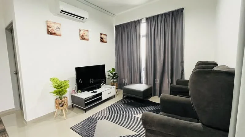 Living features: grey fabric sofa, armchair, black TV console, wall-mounted TV, decorative wall art, potted plant, black and white area rug, recessed downlights, floor-to-ceiling windows with sheer curtains, air conditioning unit; style: modern.