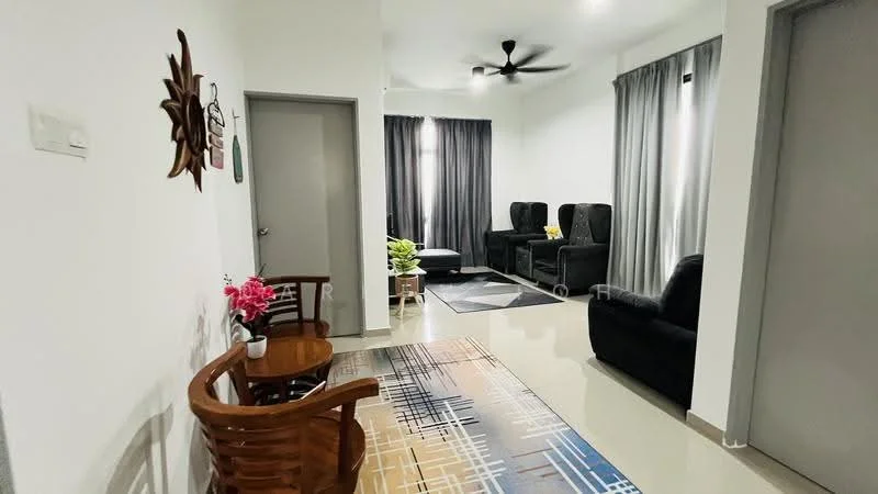 Living features: grey fabric sofa, 2-seater sofa, 3-seater sofa, ceiling fan, recessed downlights, light grey curtains, decorative wall art, area rug with geometric pattern, coffee table, wall-mounted TV, wooden accent chair, potted plants; style: modern.