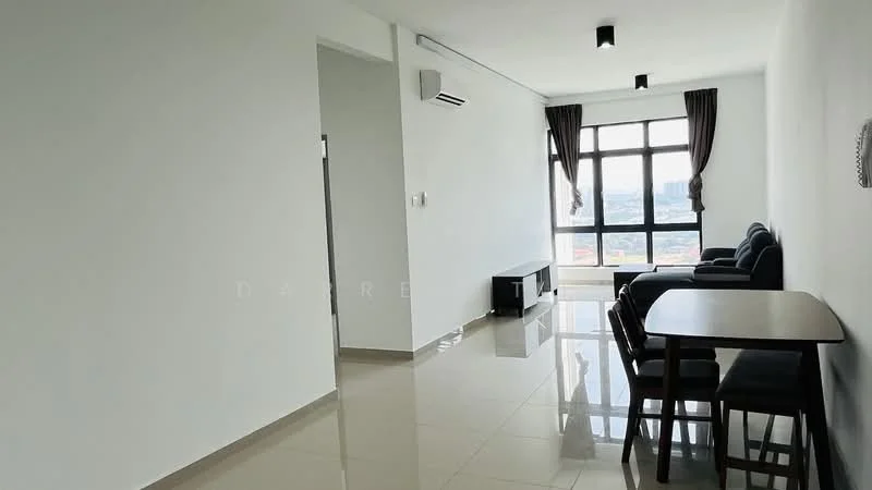Living features: white painted walls, glossy ceramic tile flooring, floor-to-ceiling windows, blackout curtains, 2-seater fabric sofa in dark color, TV console, wall-mounted TV, dining table with 4 chairs, 1 wall-mounted split AC, recessed LED downlights; style: modern; view: city.