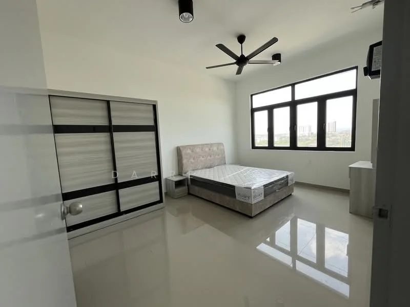 Bedroom features: king-size bed with upholstered headboard, floor-to-ceiling windows, 5-blade ceiling fan with light, built-in wardrobe with sliding doors, neutral painted walls, glossy tile flooring, TV mounted on wall, natural light from windows, view of city skyline; style: modern; view: city.