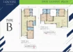 Floor plan: 3-bedroom 2-bathroom unit; features: open-plan kitchen-dining-living, master bedroom with ensuite bathroom, bedroom 2 with shared bathroom, utility room, balcony off living room, central foyer, 2 car porch, 1,250 sqft built-up.