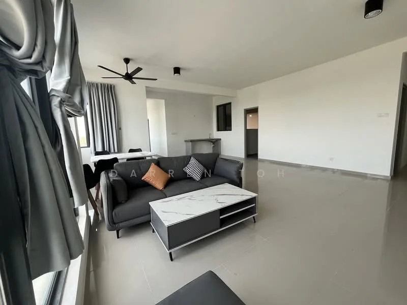 Living features: 3-seater fabric sofa in grey, marble-top coffee table, floor-to-ceiling windows, grey curtains, ceiling fan, light-colored walls, tile flooring, decorative cushions; style: modern; view: city.