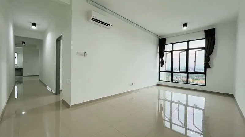Living features: white painted walls, glossy ceramic tile flooring, floor-to-ceiling windows, blackout curtains, recessed LED downlights, wall-mounted split AC, neutral color scheme, open layout, city view; style: modern; view: city. Room features: white painted walls, glossy ceramic tile flooring, doorway leading to another room.