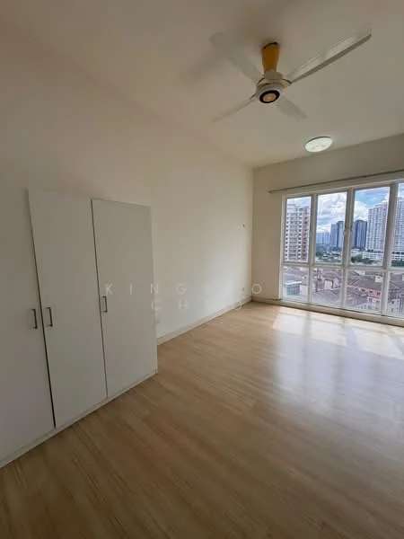Bedroom features: light wood laminate flooring, white painted walls, 5-blade ceiling fan with light, floor-to-ceiling windows, built-in wardrobe, city view; style: modern; view: city.