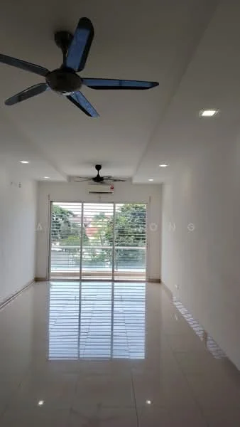 Living features: white painted walls, polished ceramic tile flooring, 5-blade ceiling fan with light, recessed LED downlights, floor-to-ceiling windows, sliding glass door, view of greenery, air conditioning unit; style: modern; view: garden.
