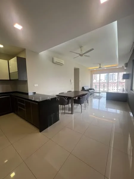 Living features: polished ceramic tile flooring, white painted walls, recessed downlights, 5-blade ceiling fan with light, floor-to-ceiling windows, black kitchen island with seating, dining table for six, air conditioning unit, city view from window; style: modern; view: city.