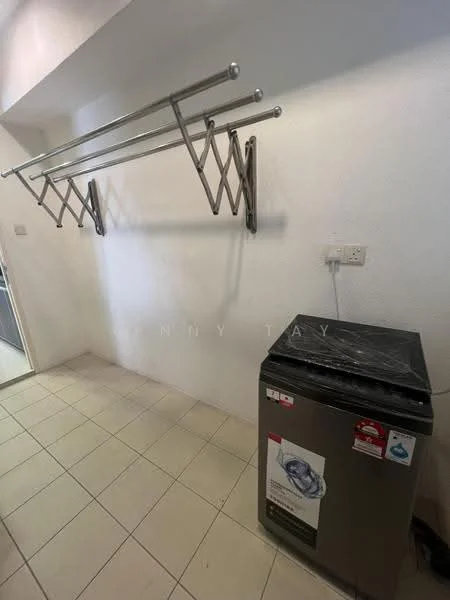 Laundry features: white painted walls, tile flooring, stainless-steel drying rack, top-load washing machine, power outlet, wall-mounted hooks.