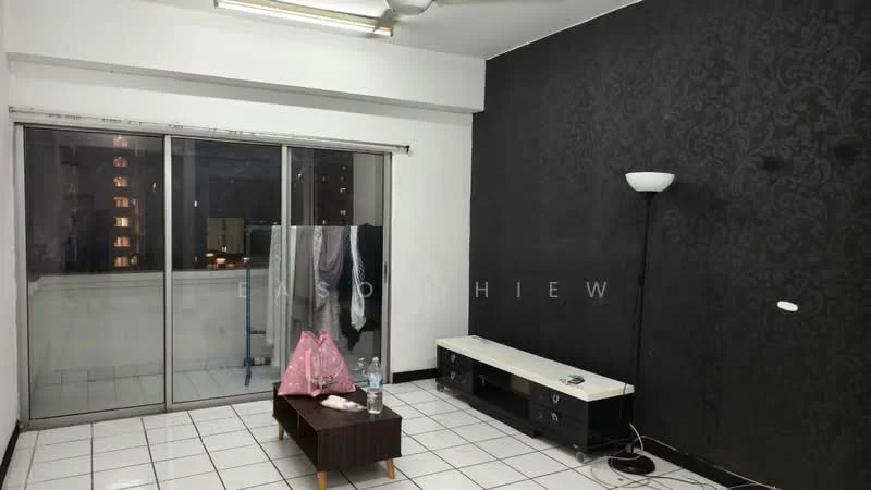 Living features: black accent wall with floral pattern, white painted walls, white tiled flooring, sliding glass door, floor-to-ceiling windows, ceiling fan, lamp, coffee table, TV console, water bottles, clothes hanging on a rack; style: modern; view: city.