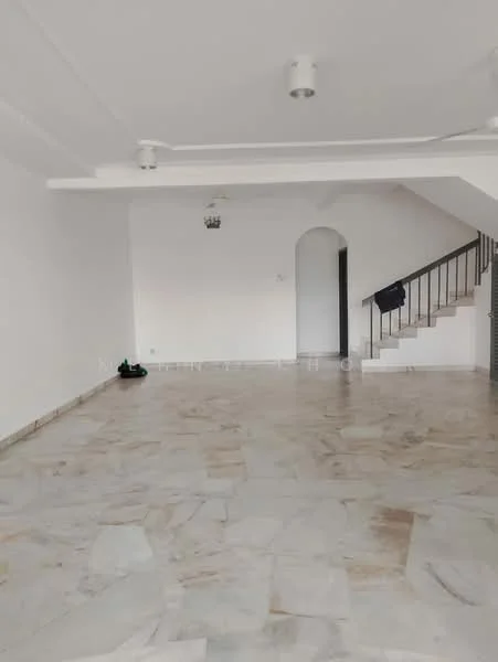 Room features: marble flooring, white painted walls, recessed downlights, staircase with metal railing, arched doorway, ceiling fan, open layout, natural light from windows; style: modern.
