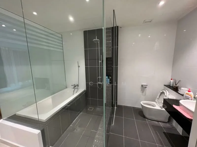 Bathroom features: walk-in shower with glass enclosure, rain shower head, built-in bathtub, chrome basin mixer faucet, one-piece toilet, framed mirror, tile cladding to ceiling, grey floor tiles, white wall tiles, black accent wall, recessed LED downlights, vanity with storage; style: modern.