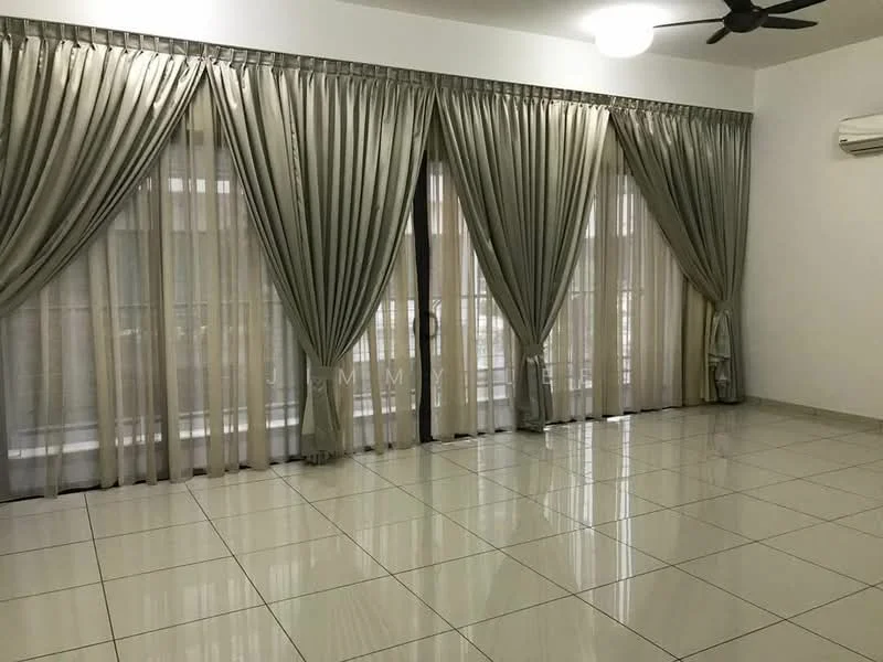 Living features: large floor-to-ceiling windows, sheer curtains, heavy drapes in grey, white painted walls, polished ceramic tile flooring, ceiling fan, wall-mounted split AC, recessed ceiling lights; style: modern.