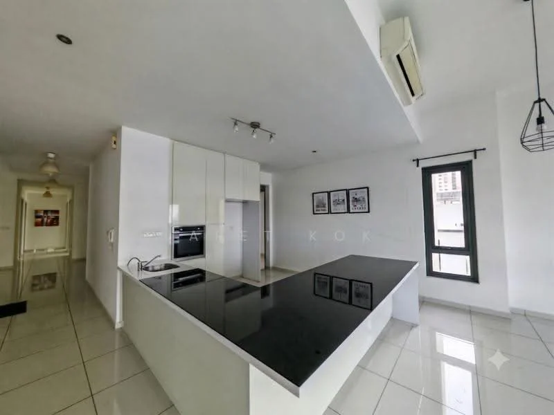 Kitchen features: white cabinetry, black granite countertop, built-in oven, stainless-steel hob, single-bowl stainless-steel sink, chrome pull-down faucet, pendant light, recessed downlights, ceramic tile flooring, floor-to-ceiling windows, air conditioning unit, open layout; style: modern. Room features: white painted walls, doorway leading to hallway, light fixture.