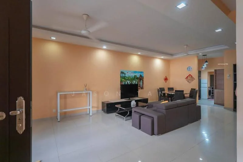 Living features: grey fabric sofa, coffee table, TV console, wall-mounted TV, recessed downlights, ceiling fan, cream painted walls, glossy tile flooring, decorative wall art, dining table with chairs in background, open layout to kitchen, window with natural light; style: modern.