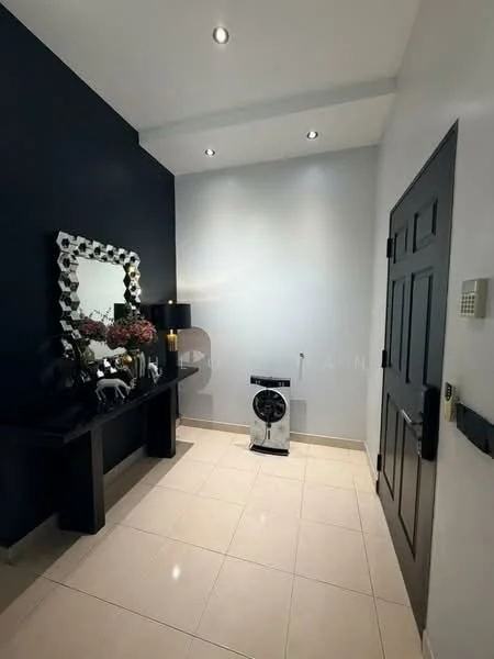 Room features: dark blue accent wall, white painted walls, recessed ceiling lights, tile flooring, black console table, decorative mirror with geometric frame, table lamp, decorative figurines, portable fan; style: modern.
