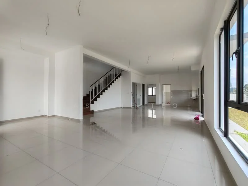 Room features: white painted walls, polished ceramic tile flooring, large windows with black frames, staircase with wooden handrail, open layout, high ceiling, no visible furniture, natural light from windows; style: modern; view: garden.