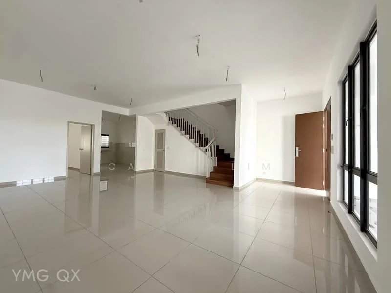 Room features: white painted walls, glossy ceramic tile flooring, staircase with wooden steps, large windows, double-door main entrance, recessed ceiling lights, open layout, high ceiling; style: modern.
